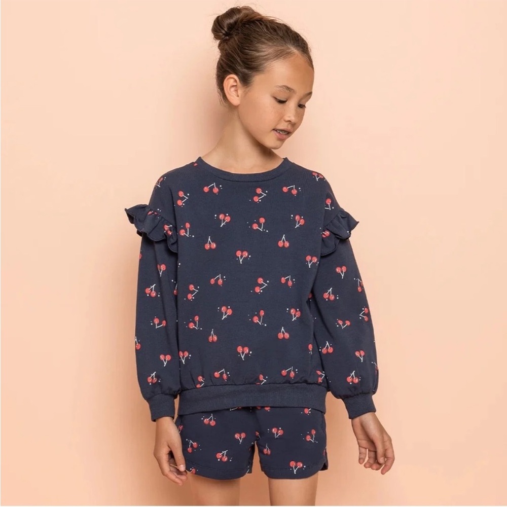 MILES THE LABEL Girls Cherries Print French Terry Top Ruffle Sweatshirt